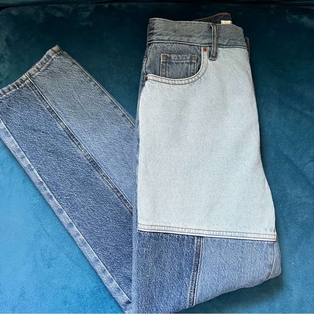 PACSUN Eco Two-Tone Patchwork Blue High Waisted Straight Leg Jeans - Picture 7 of 13